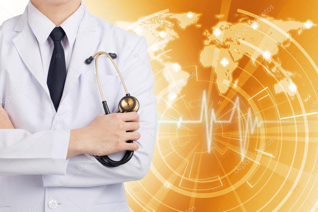 Doctor man posting and holding stethoscope on global network gol