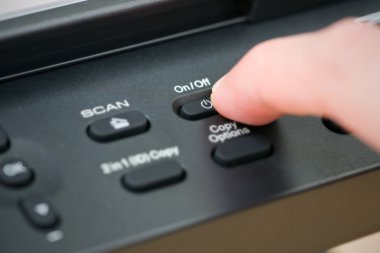 Close-up hand button open the photocopier. clipart