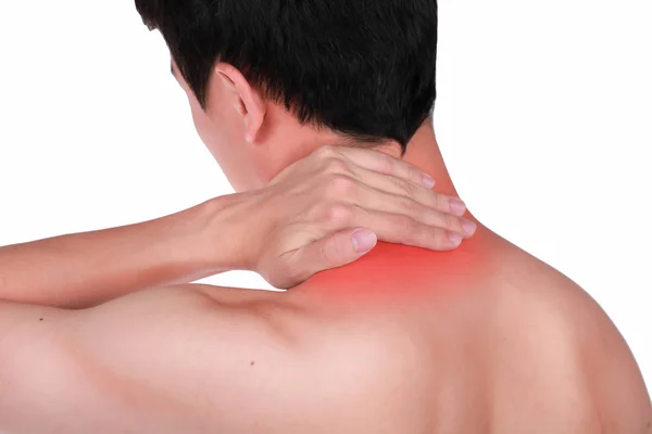 Крупным планом страдает мужская боль в шее изолированный белый фон . — стоковое фото