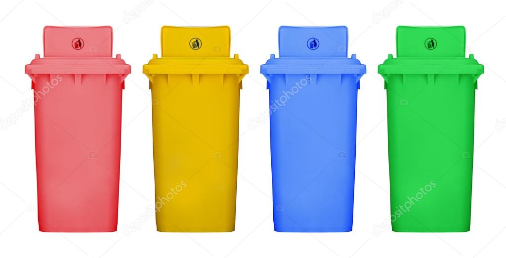 Different colors recycle bin isolated white background