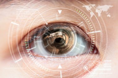 Close up women brown eye scanning technology in the futuristic,  clipart