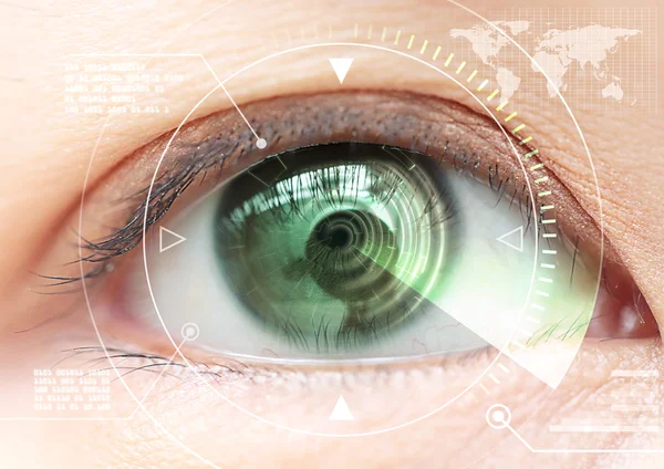 Close up women eye scanning technology in the futuristic, operat — Stock Photo, Image