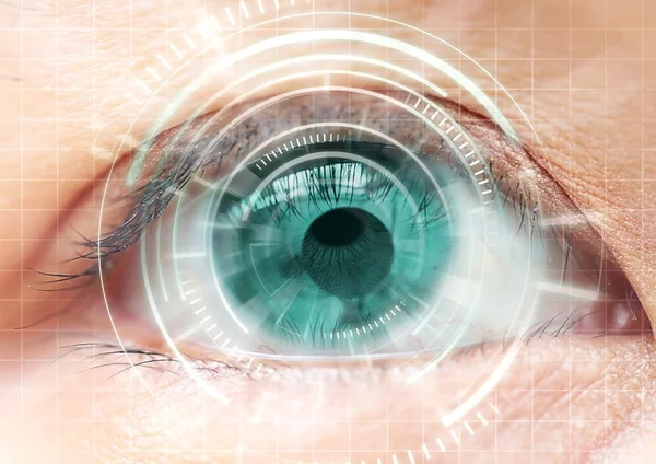 Women eye cataract, contact lens, futuristic, digital, technolog Stock Picture
