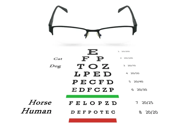 Glasögon med syn test diagram ombord. — Stockfoto
