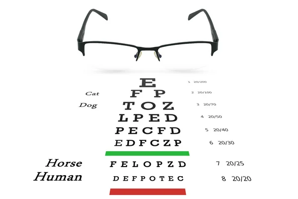 Eye glasses with eyesight test on chart board. — Stock Photo, Image