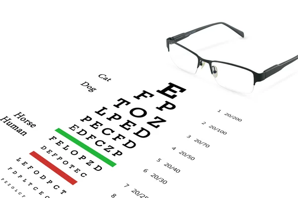 Eye glasses with eyesight test on chart board. — Stock Photo, Image