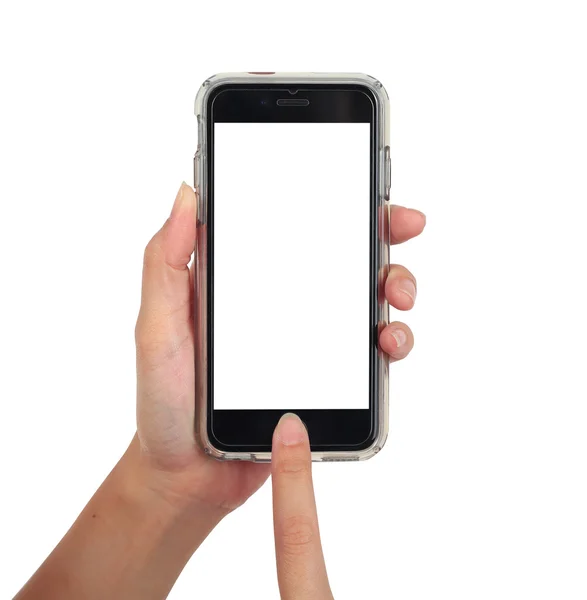 Mão feminina segurando telefone inteligente vertical, use o caminho de recorte — Fotografia de Stock