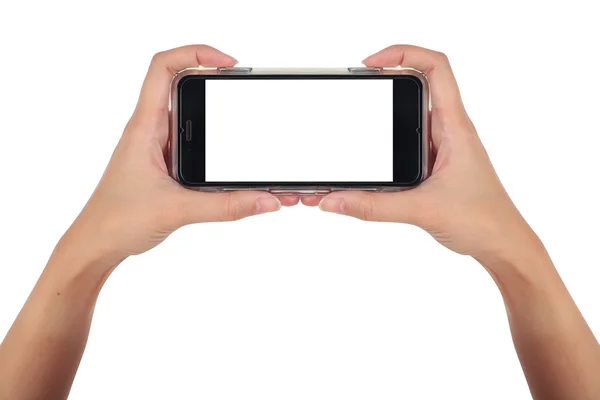 Weibliche Hand hält horizontales Smartphone, Clipping-Pfad verwenden — Stockfoto