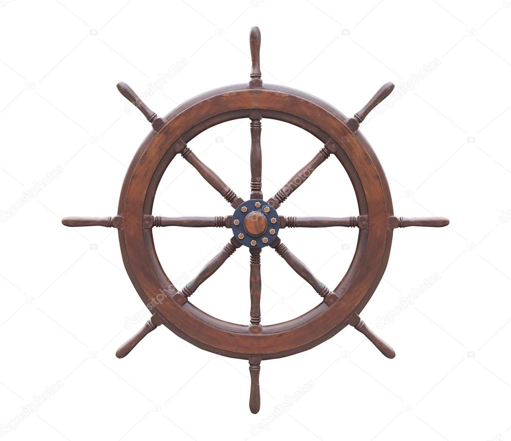 Old wooden steering wheel isolated white background.