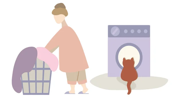 Kobieta Pralka Kot Czeka Dziewczyna Gospodarstwo Domowe Sprzątanie Kosz Brudne — Wektor stockowy