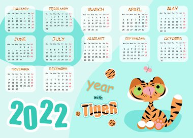 Kaplan takvimi bir zamanlar yatay Çin Yeni Yıl sembolü 2022 sevimli kedi çizgi film kedisi haftası pazar günü başlıyor.