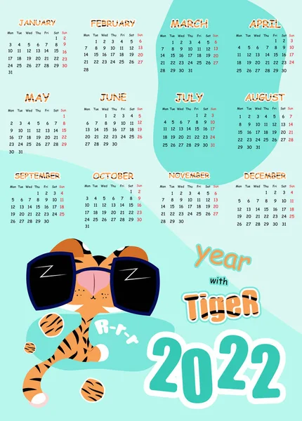 Tiger Calendar Chinese New Year Symbol 2022 Cute Animal Cat — Stock Vector