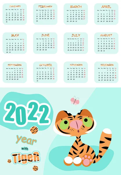 Cute Tiger Pocket Calendar Twosided Horizontal Chinese New Year Symbol — Stock Vector