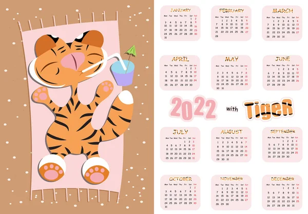 Tiger Pocket Calendar Twosided Vertical Chinese New Year Symbol 2022 — Stock Vector