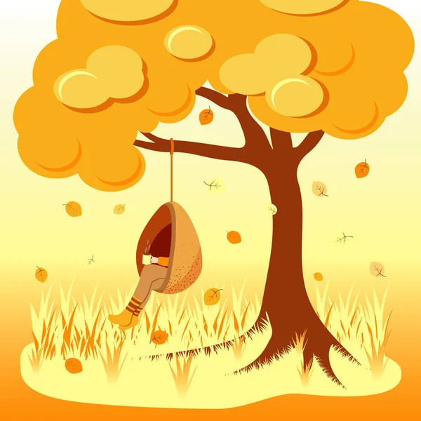 Coffee cup girl autumn yellow tree fall cozy landscape tea hot drink rocking chair swing woman cosiness comfort mulled wine — Stock Illustration Coffee Cup Girl Autumn Yellow Tree Fall Cozy Landscape Tea Vector Graphics