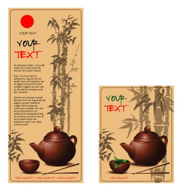 teapot and cup of tea in Chinese style on the background of the drawing bamboo