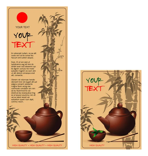 teapot and cup of tea in Chinese style on the background of the drawing bamboo