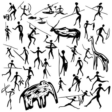 Rock paintings with scenes of hunting and life clipart