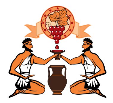 bunch of grapes above two Greeks with a cup of wine and amphora