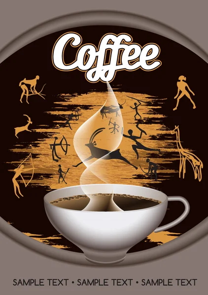 template label with a cup of coffee on a background of rock paintings