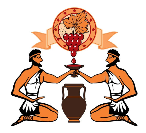 Sekelompok anggur di atas dua orang Yunani dengan secangkir anggur dan amphora - Stok Vektor
