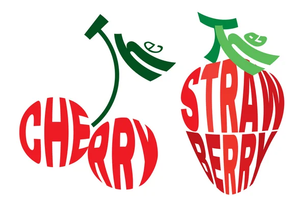 Imagem estilizada do emblema na forma de cereja e morango de letras —  Vetores de Stock