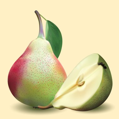 Big realistic pear with green leaves and half pear
