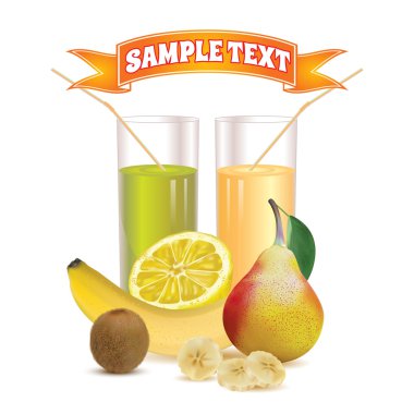 two glasses with juice and straw, kiwi and slice of lemon, banana and slice of banana