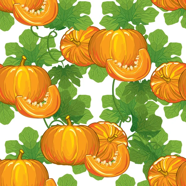 seamless pattern of ripe pumpkins with leaves and pumpkin slices with seeds