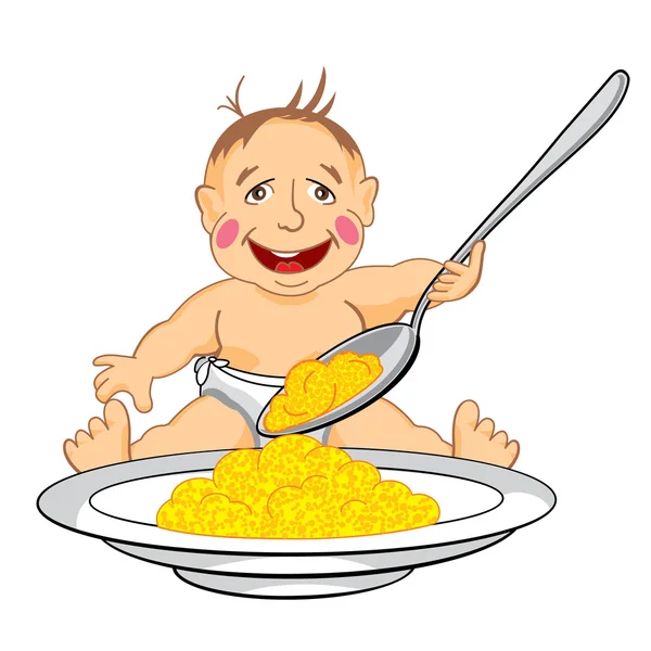 Drawing cartoon smiling baby which eats with a spoon porridge from dish — Stockvector