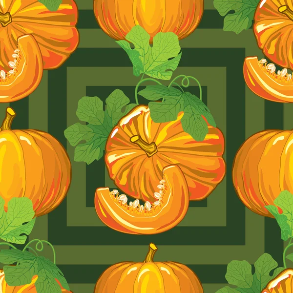 seamless pattern of ripe pumpkins with leaves and pumpkin slices with seeds