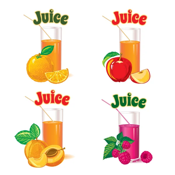 set of  glasses for juice from the ripe orange, apple, raspberry and apricot