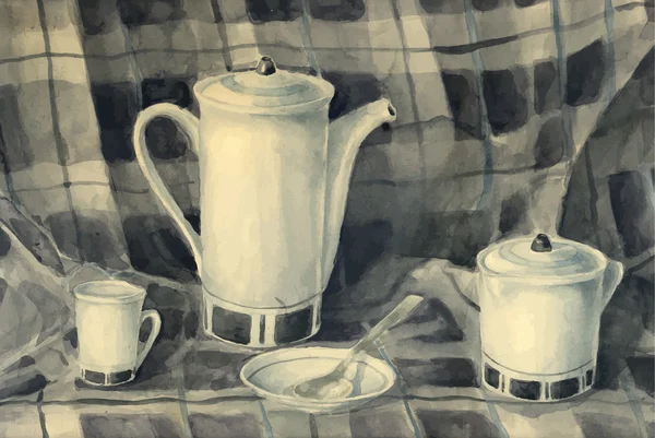watercolor still life of a teapot, milk jug, cups, saucers and tea spoons