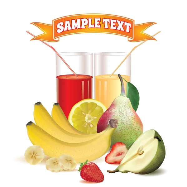 two glasses with juice and straw, slice of lemon, bananas and slice of banana, pear with leaf and half of pear, ripe strawberry and slice of strawberry