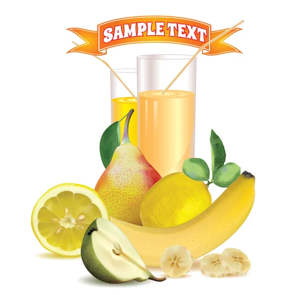 Two glasses with juice and straw, lemon and slice of lemon, bananas and slice of banana, pear with leaf and half of pear, ripe strawberry and slice of strawberry — Stock Vector