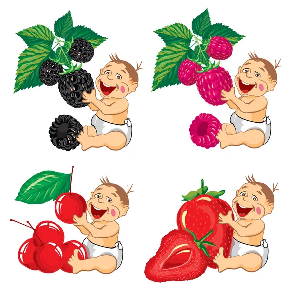 Drawing cartoon smiling baby with a blackberries, strawberries, raspberries and cherry — Stockový vektor