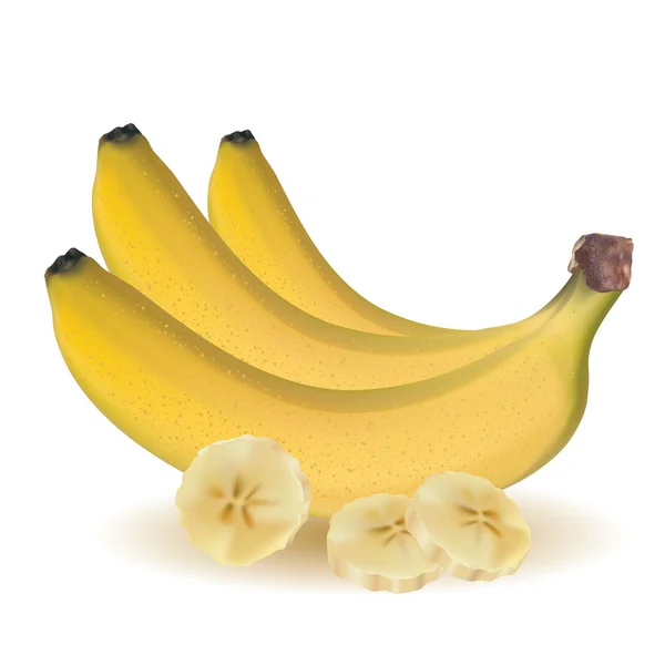 Bunch of three photo-realistic, ripe yellow, bananas and sliced bananas — Stok Vektör