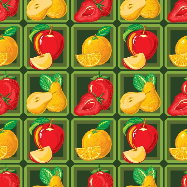 Wzór dojrzałych truskawek, jabłko, pomarańcza, gruszka — Wektor stockowy