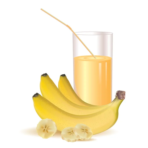 Mazzo di tre foto-realistico e vetro di succo, giallo maturo, banane e banane affettate — Vettoriale Stock
