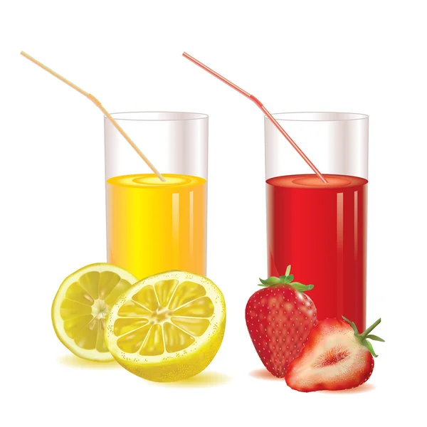 two glasses strawberry juice and lemonade, ripe strawberries image and its slices, half lemon and slices lemon