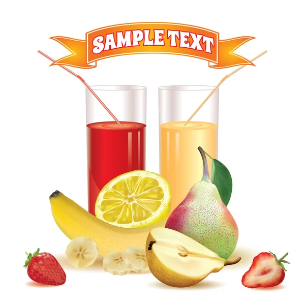 Two glasses with juice and straw, slice of lemon, bananas and slice of banana, pear with leaf and half of pear, ripe strawberry and slice of strawberry — Stock Vector