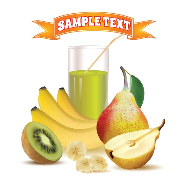 Glass with juice and straw, bananas and slice of banana, pear with leaf and half of pear and kiwi — Stockvector