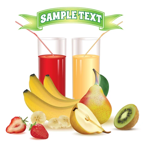 Two glasses with juice and straw, kiwi, bananas and slice of banana, pear with leaf and half of pear, ripe strawberry and slice of strawberry — Stock vektor