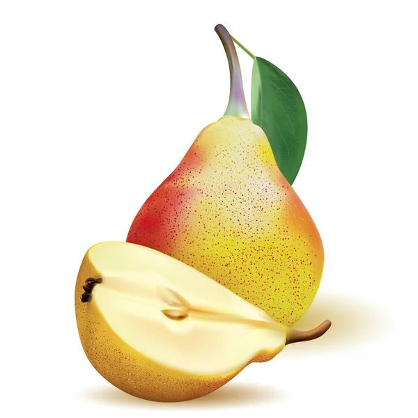 Big realistic ripe yellow pear with green leaves and half pear