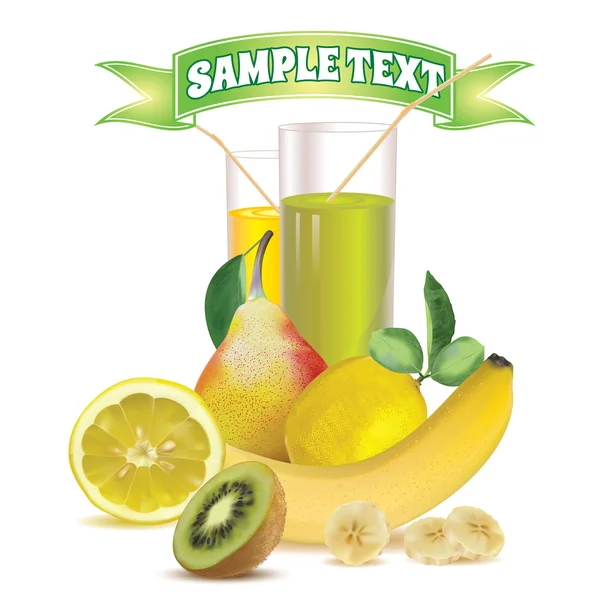 Two glasses with juice and straw, lemon and slice of lemon, banana and slice of banana, pear with leaf and half of kiwi — Stock vektor