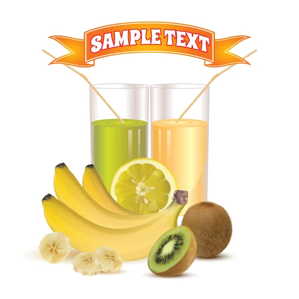 Two glasses with juice and straw, slice of lemon, bananas and slice of banana, kiwi and half of kiwi — Stock Vector