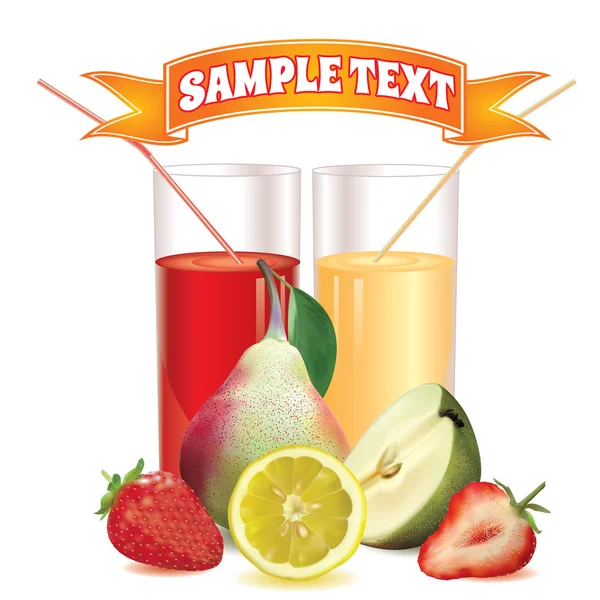 Two glasses with juice and straw, slice of lemon, pear with leaf and half of pear, ripe strawberry and slice of strawberry — Stock Vector