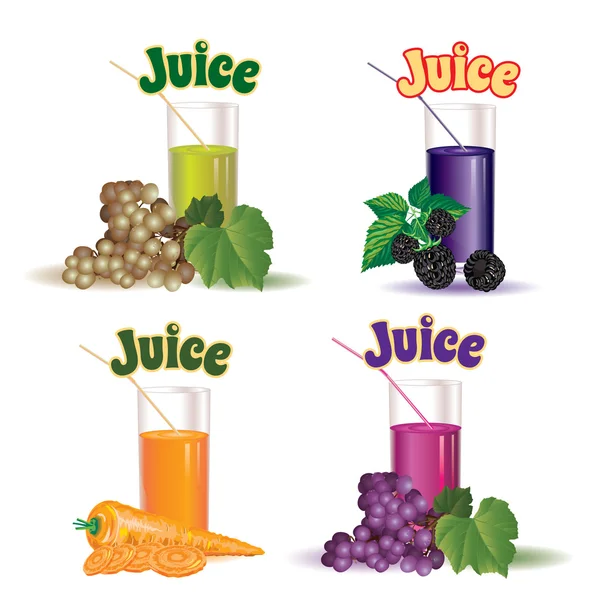 Conjunto de copos de suco das uvas, cenoura e amora — Vetor de Stock