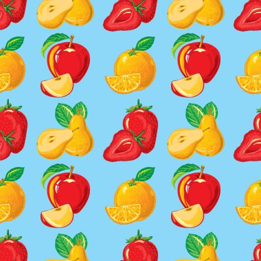 olgun çilek, elma, portakal, armut ve onları dilim, seamless modeli
