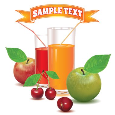 Olgun kırmızı meyveler kiraz ve elma kırmızı ve yeşil renkleri ile yaprakları suyundan için iki bardak